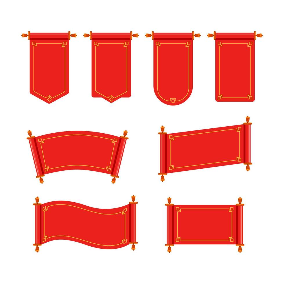 Set of red ancient scrolls. Chinese scroll set. Vector illustration