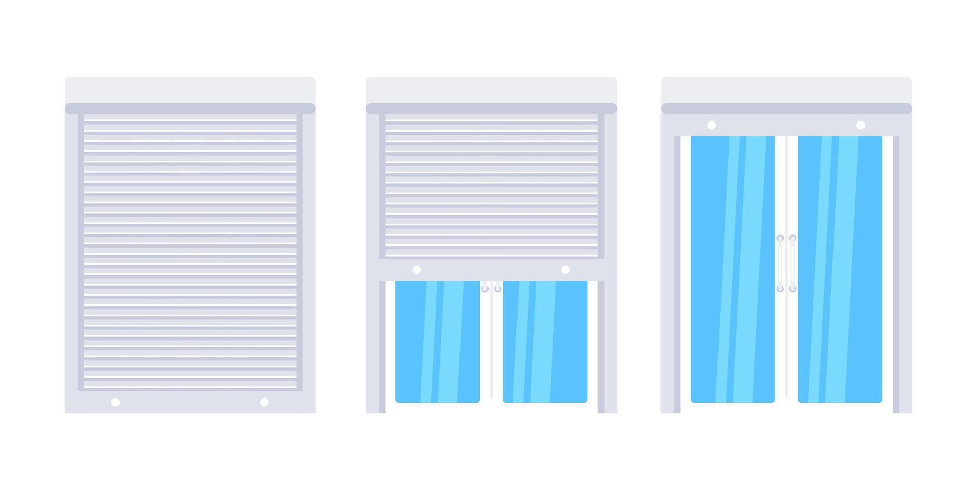 Plastic window with rolling shutter set. Glass window. Vector illustration