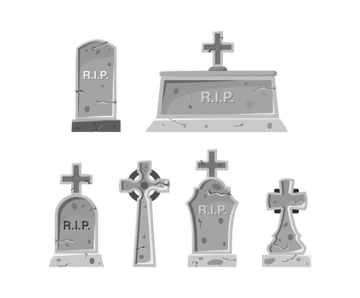 Cemetery graves and gravestones. Tombstone shape. Funeral elements rip cemetery. Vector illustration