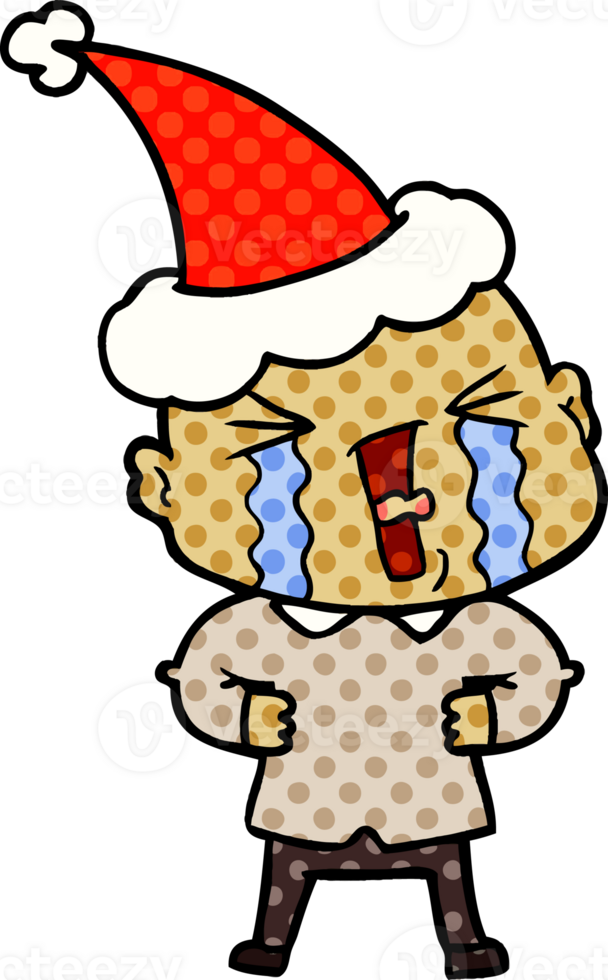 hand drawn comic book style illustration of a crying bald man wearing santa hat png