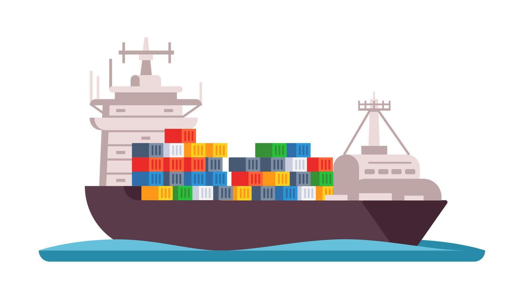 Cargo ship with containers. Barge, shipping freight. Industrial commercial delivery and logistic services. Vector illustration