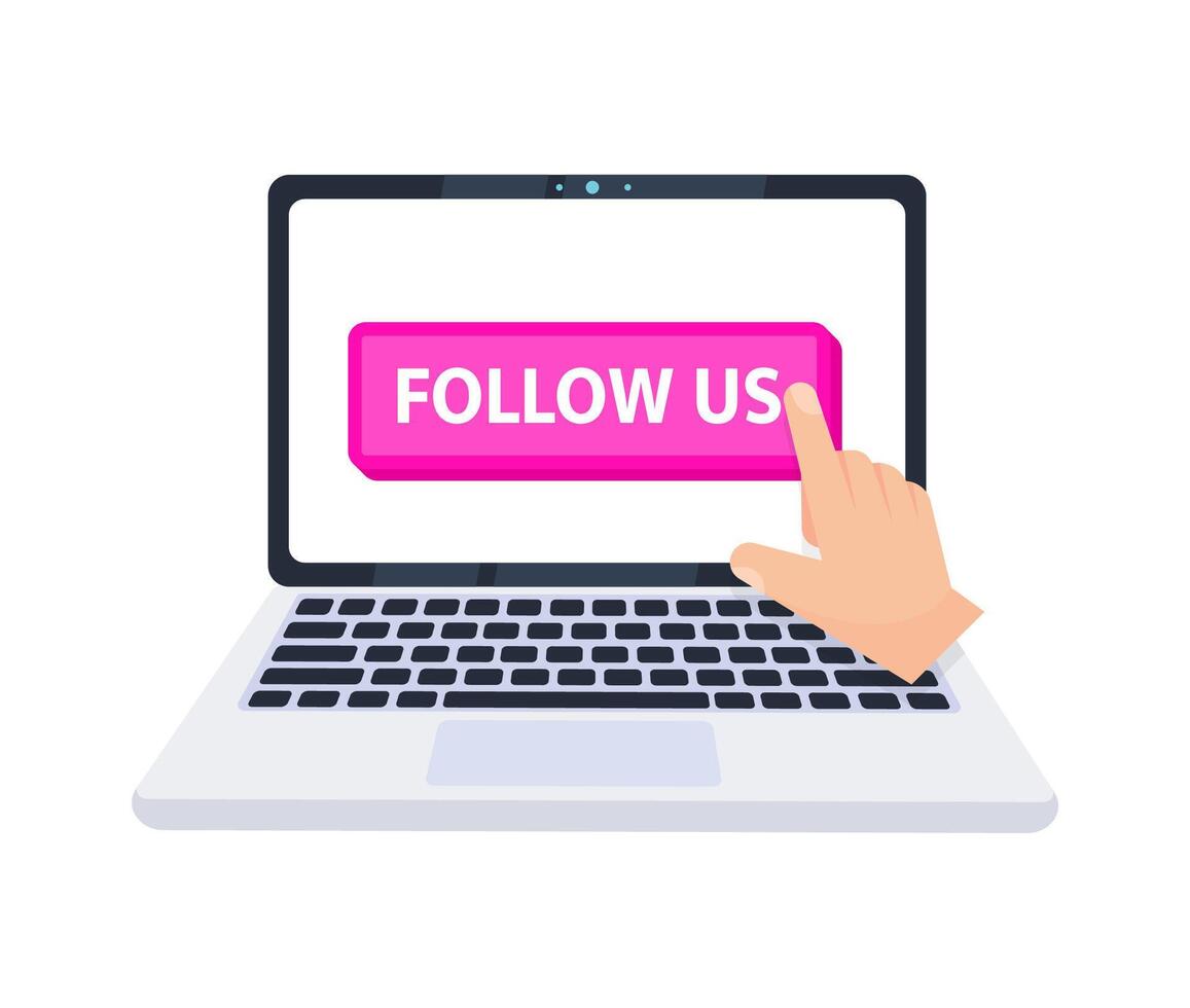 Hand pointer clicking on a follow us button on a laptop screen. Vector illustration