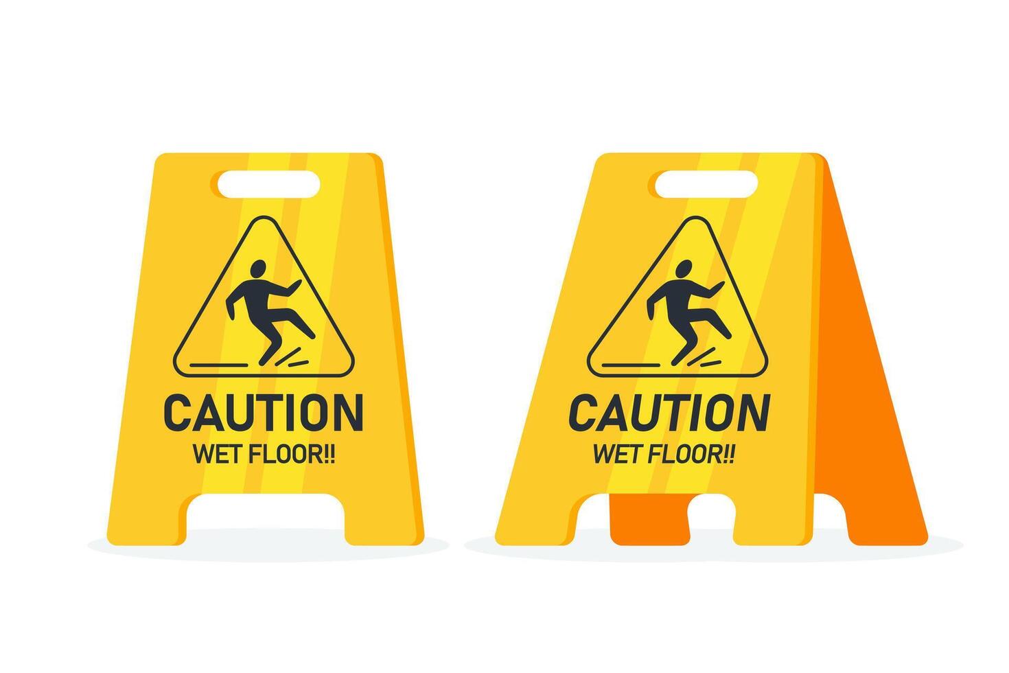 Caution wet floor, floor sign. Public warning yellow symbol. Slippery surface beware plastic board. Vector illustration