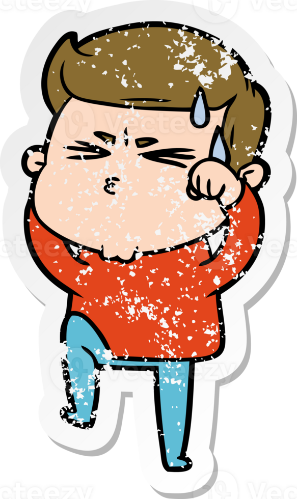 distressed sticker of a cartoon man sweating png