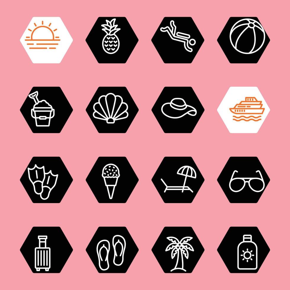 summer line icon set black and white vector