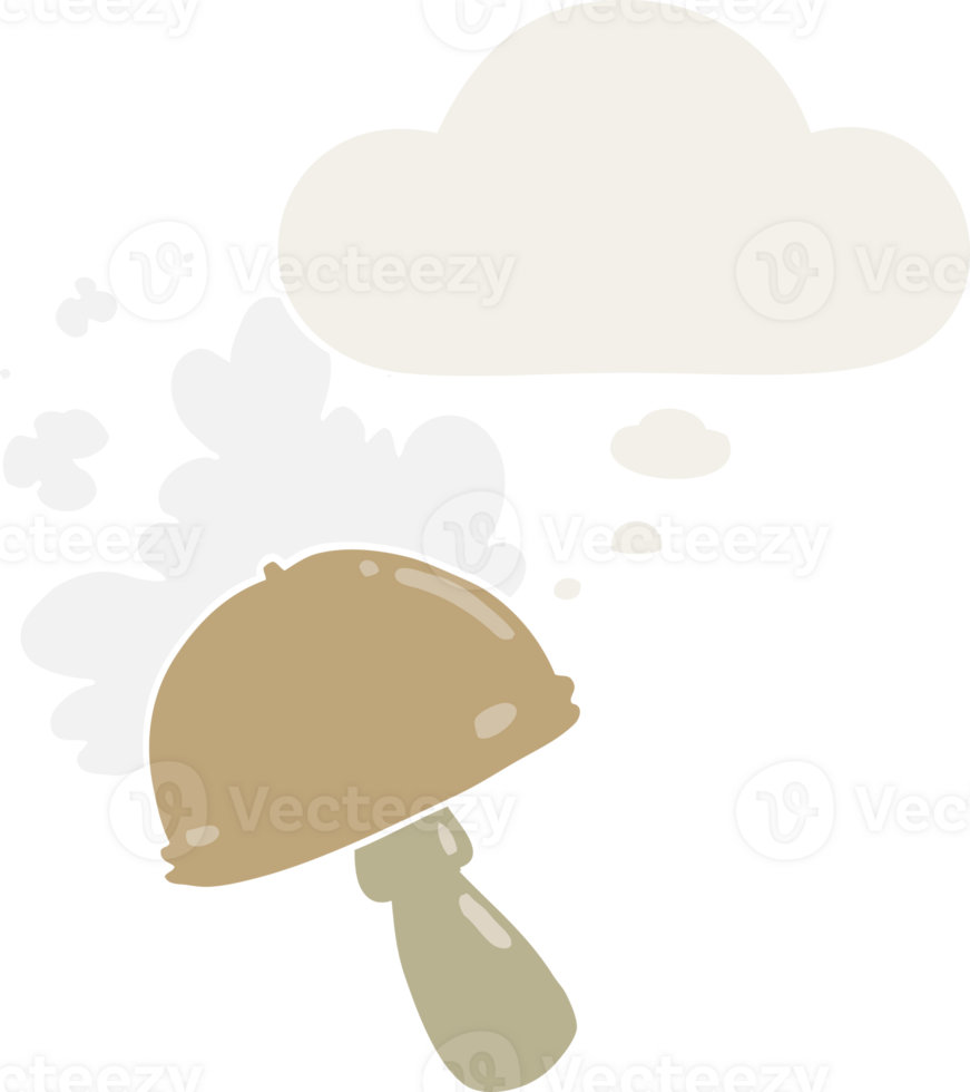 cartoon mushroom with spore cloud with thought bubble in retro style png