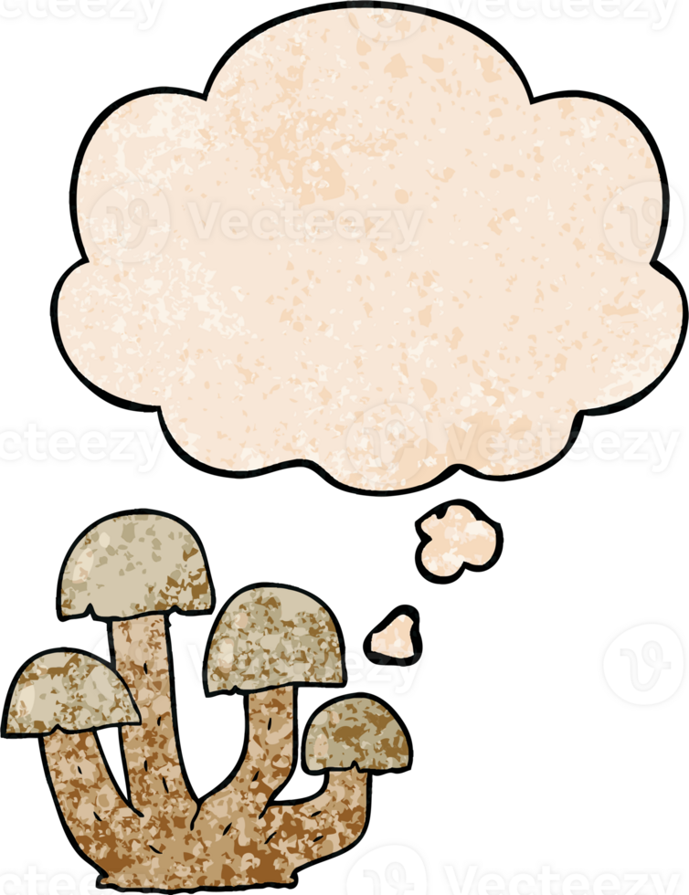 cartoon mushroom with thought bubble in grunge texture style png