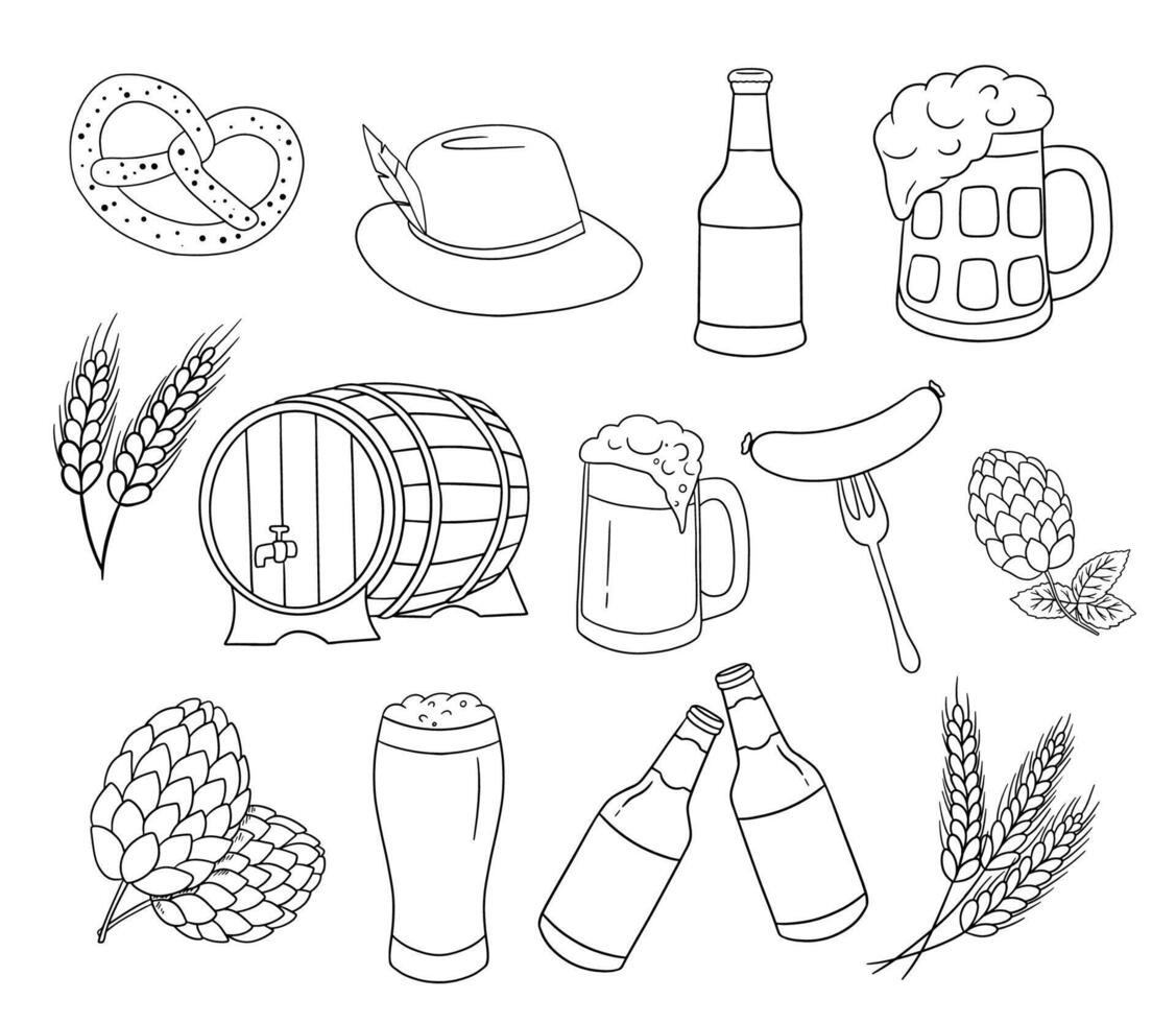 Mug of beer with foam and bottles, wooden barrel and snack. Glass mug with drink. Outline doodles set isolated on white background. vector