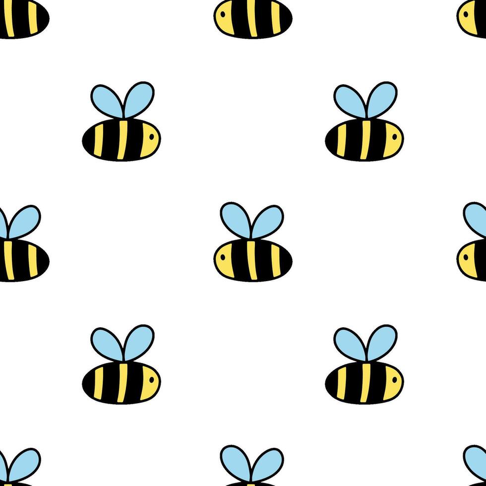 Seamless simple pattern with cute bee. Vector background with funny honeybee or bumblebee on white