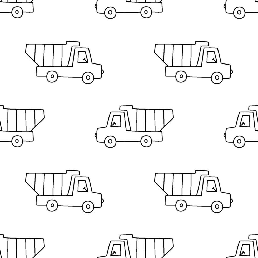 Hand drawn vector monochrome seamless pattern with truck on white background. Simple doodle repeat pattern for children and newborn fabric.