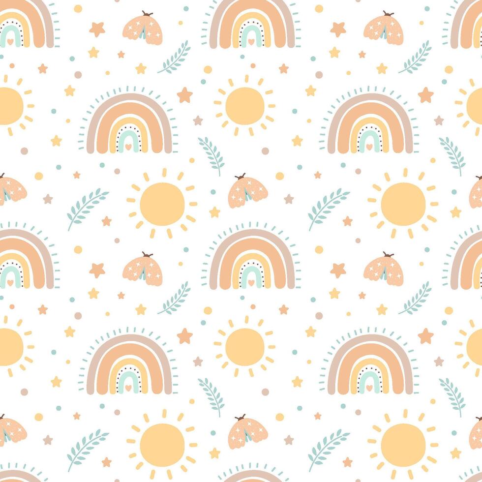 Bohemian baby pattern on white background. Seamless pattern in boho style with moth, sun and rainbow for textiles or fabric for newborns vector