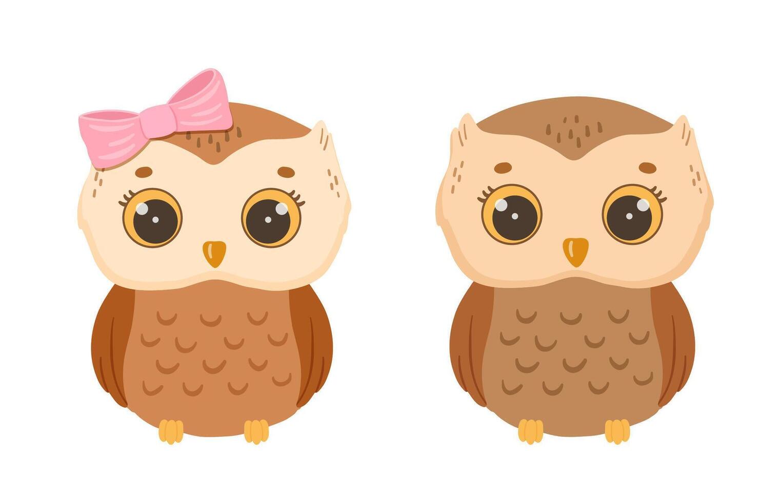 Vector cartoon cute baby girl and boy owl. Hand drawn character forest bird isolated on white background. Woodland illustration for kids