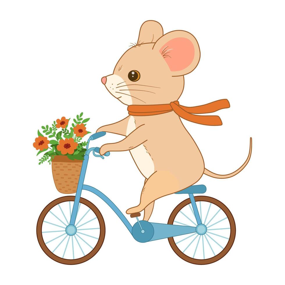 Cute mouse riding bike with basket. Vector cartoon flat illustration isolated on white. Funny baby animal cyclist with scarf sitting on bicycle