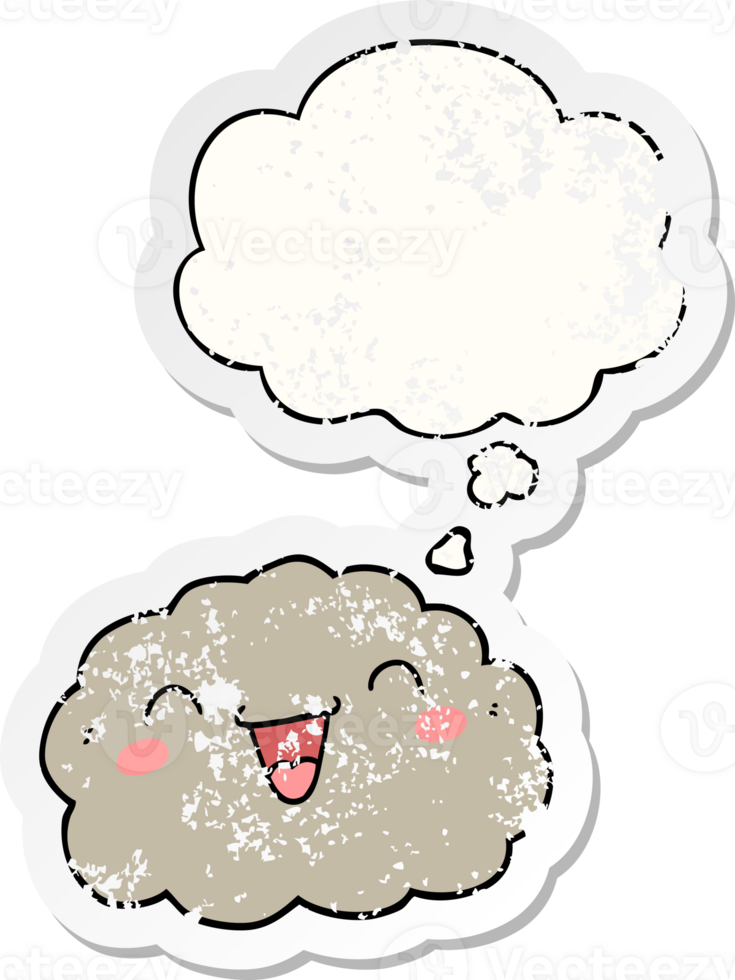 happy cartoon cloud with thought bubble as a distressed worn sticker png