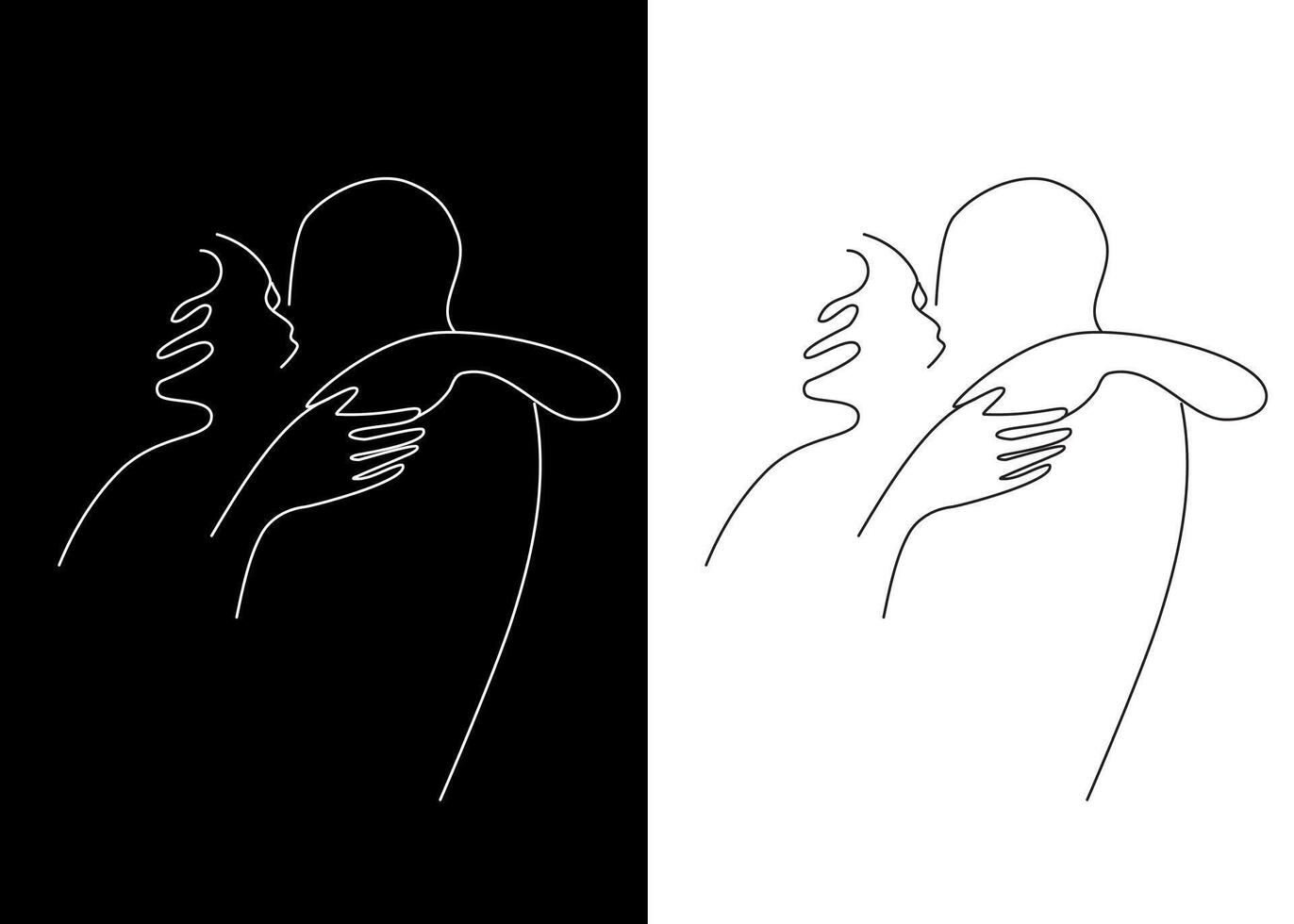 single line couple hug and kiss with love on black and white background vector