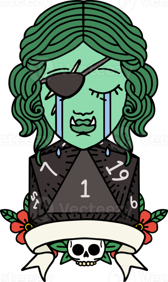 Retro Tattoo Style crying orc rogue character with natural one roll png