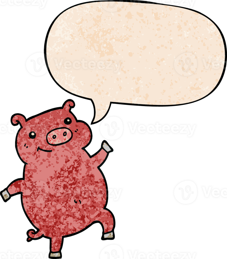 cartoon dancing pig with speech bubble in retro texture style png