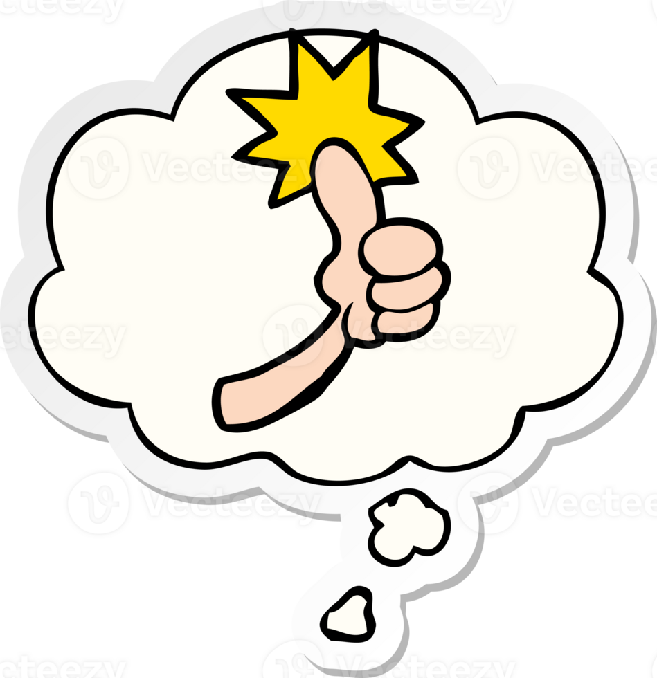 cartoon thumbs up sign with thought bubble as a printed sticker png
