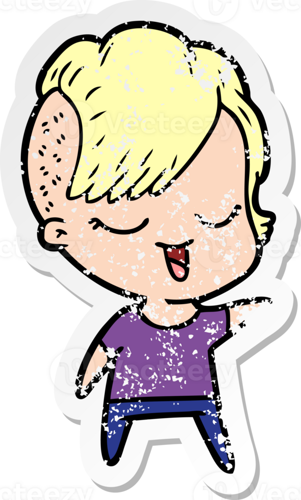 distressed sticker of a happy cartoon girl png