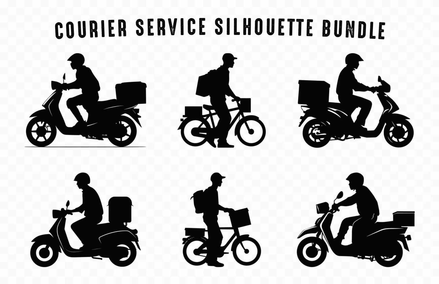 Delivery Man carrying a box on motorbike Silhouettes Clipart Set, Courier Service Silhouette black Vector Bundle