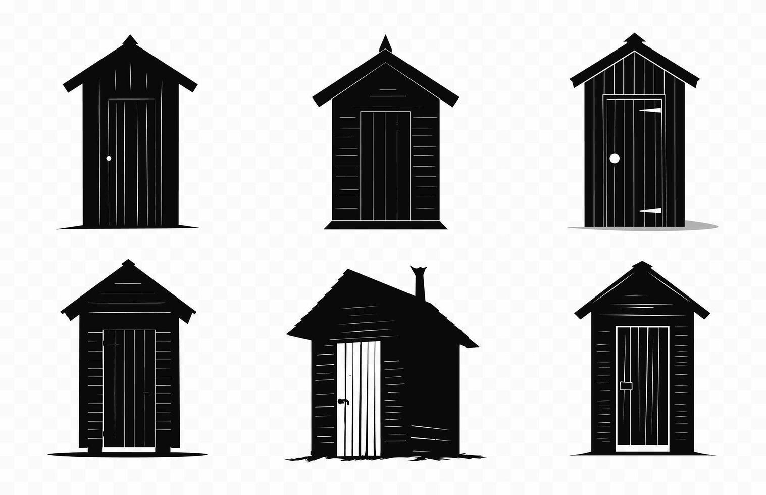 Wooden old outhouse silhouette set, Old wooden toilet black vector, Village restroom silhouettes bundle vector