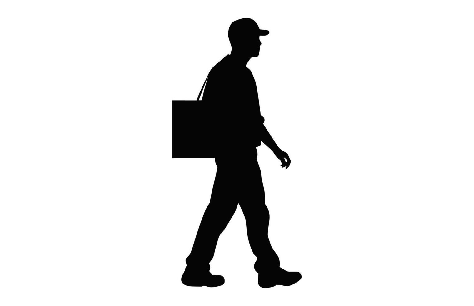 Courier Service with package Silhouette isolated on a white background, A Delivery Man carrying a box black Vector