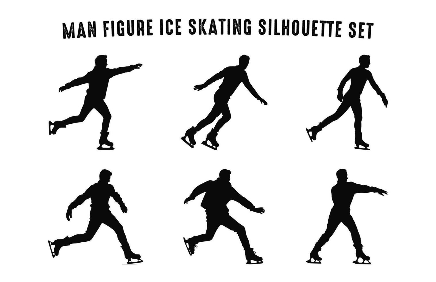 Male Figure Skater Silhouettes black Clipart Set, Man Figure Ice Skating Silhouette Vector Bundle