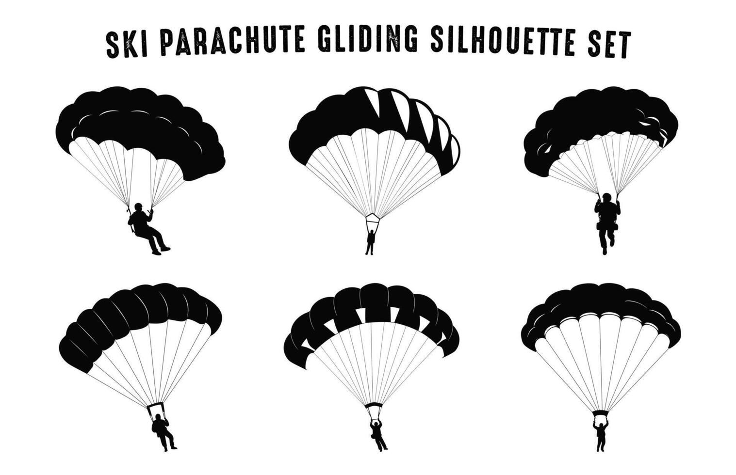 Ski parachute gliding silhouette vector bundle, Paraglider Parasailing black clipart Set, Paragliding Parachute Silhouettes