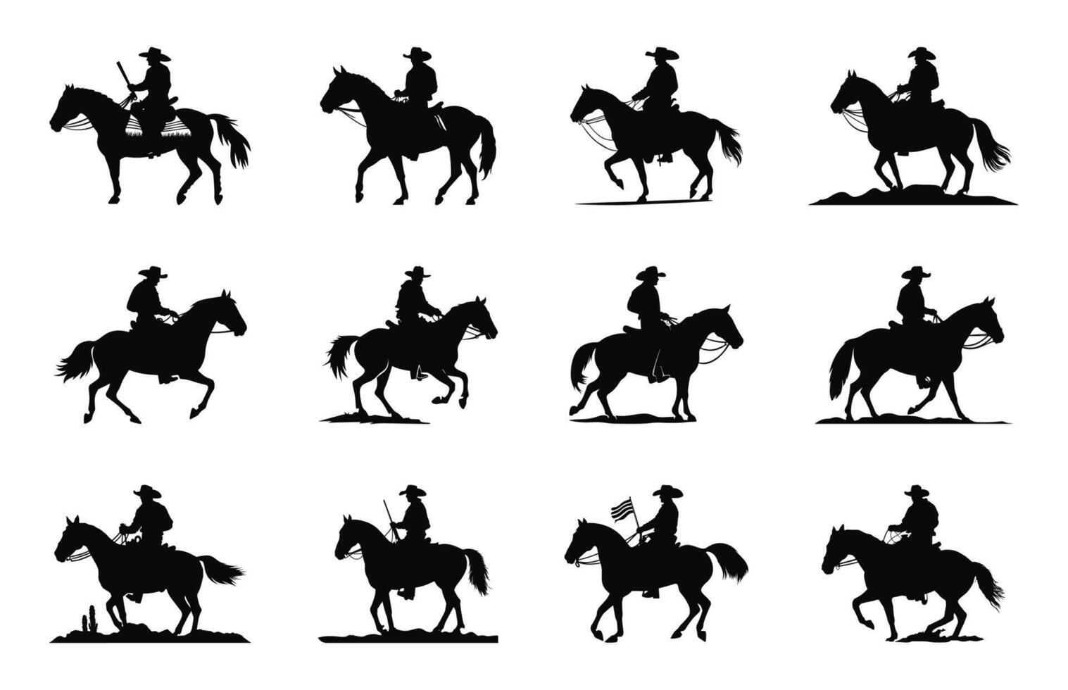 Mexican Cowboy Riding a Horse Silhouettes Vector Set, Charro horse black Silhouette bundle
