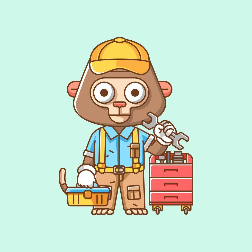 Cute monkey mechanic with tool at workshop cartoon animal character mascot icon flat style illustration concept vector