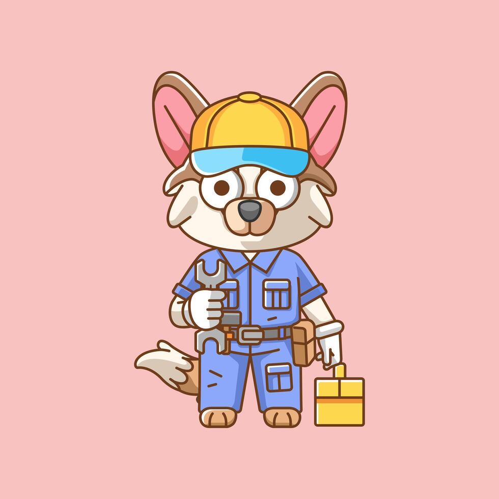 Cute dog mechanic with tool at workshop cartoon animal character mascot icon flat style illustration concept vector
