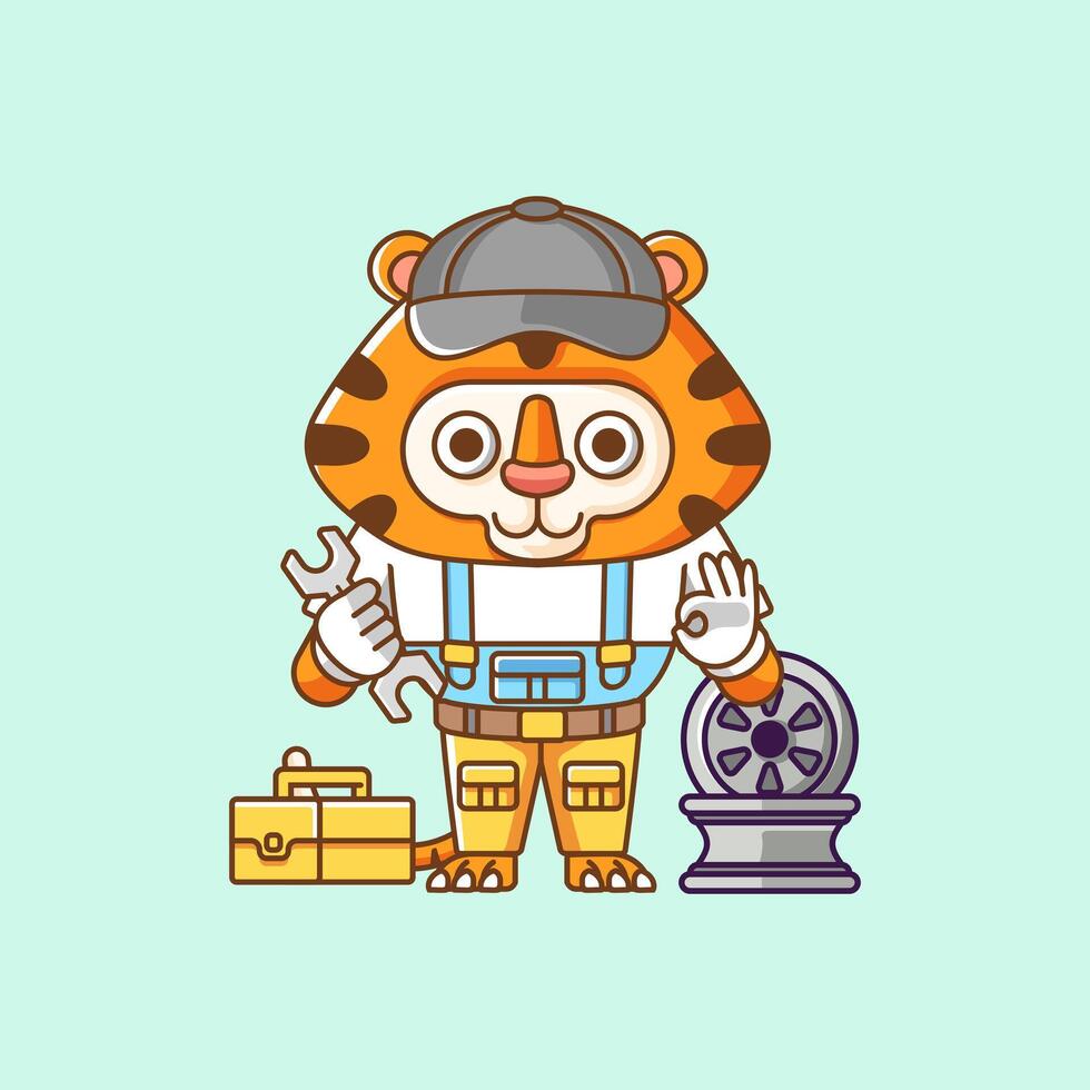 Cute tiger mechanic with tool at workshop cartoon animal character mascot icon flat style illustration concept vector