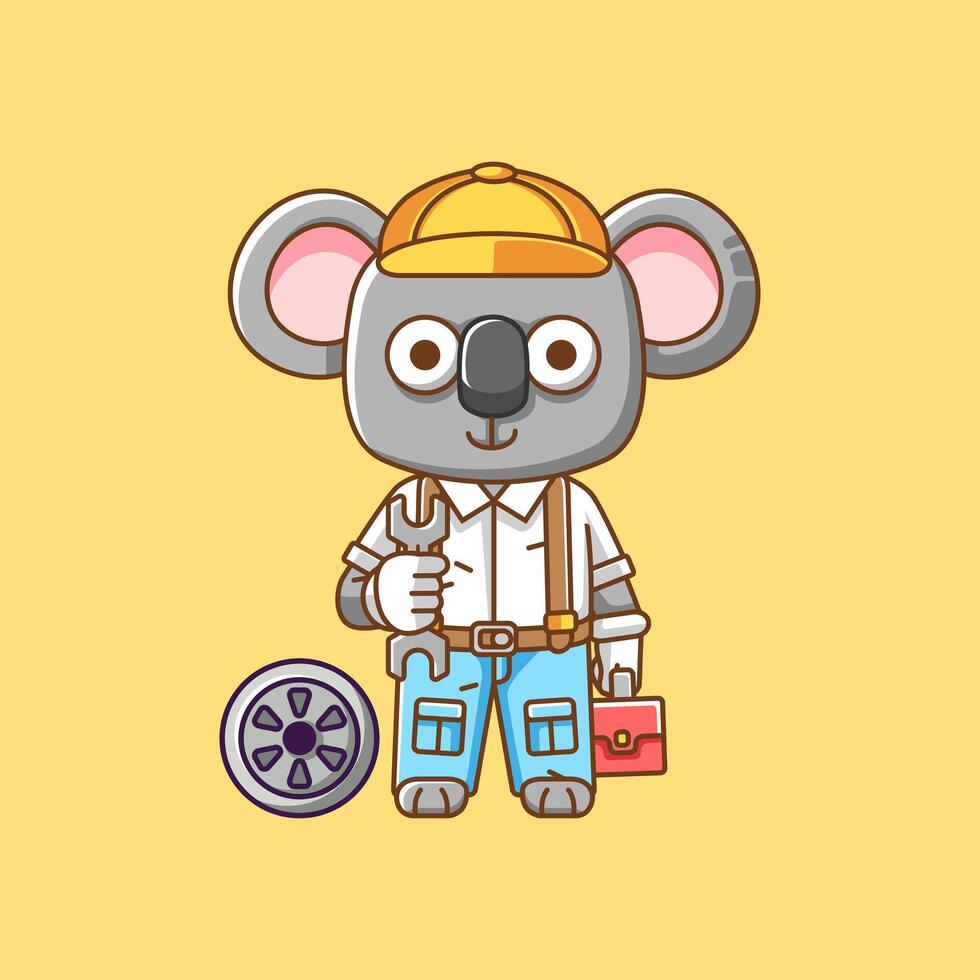 Cute koala mechanic with tool at workshop cartoon animal character mascot icon flat style illustration concept vector