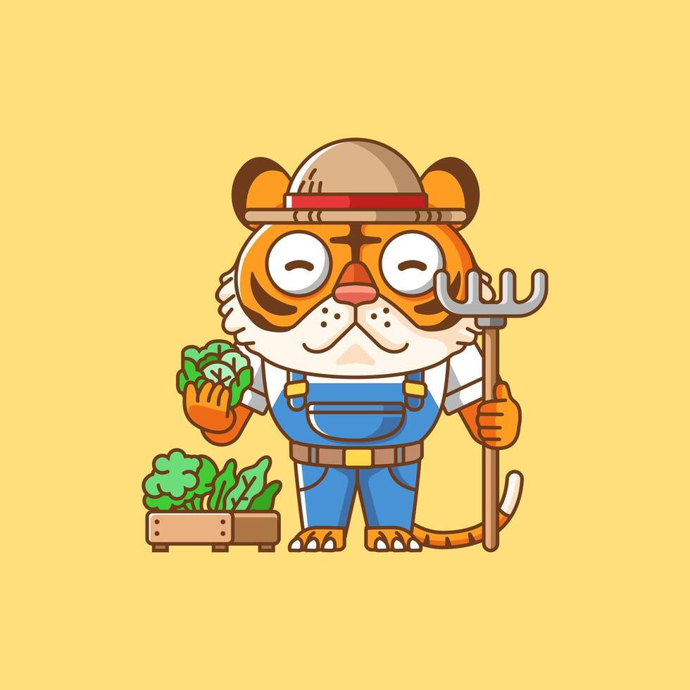 linda Tigre agricultores cosecha Fruta y vegetales dibujos animados animal personaje mascota icono plano estilo ilustración concepto vector