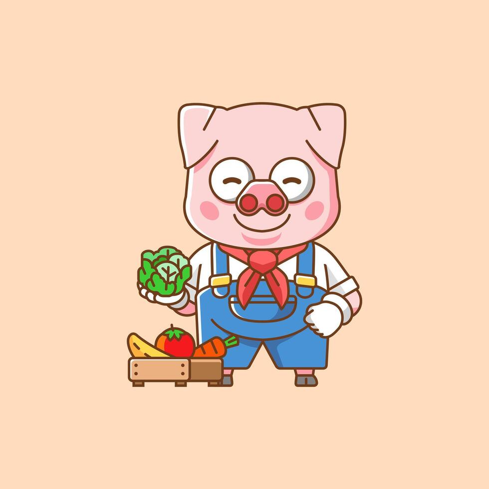 linda cerdo agricultores cosecha Fruta y vegetales dibujos animados animal personaje mascota icono plano estilo ilustración concepto vector