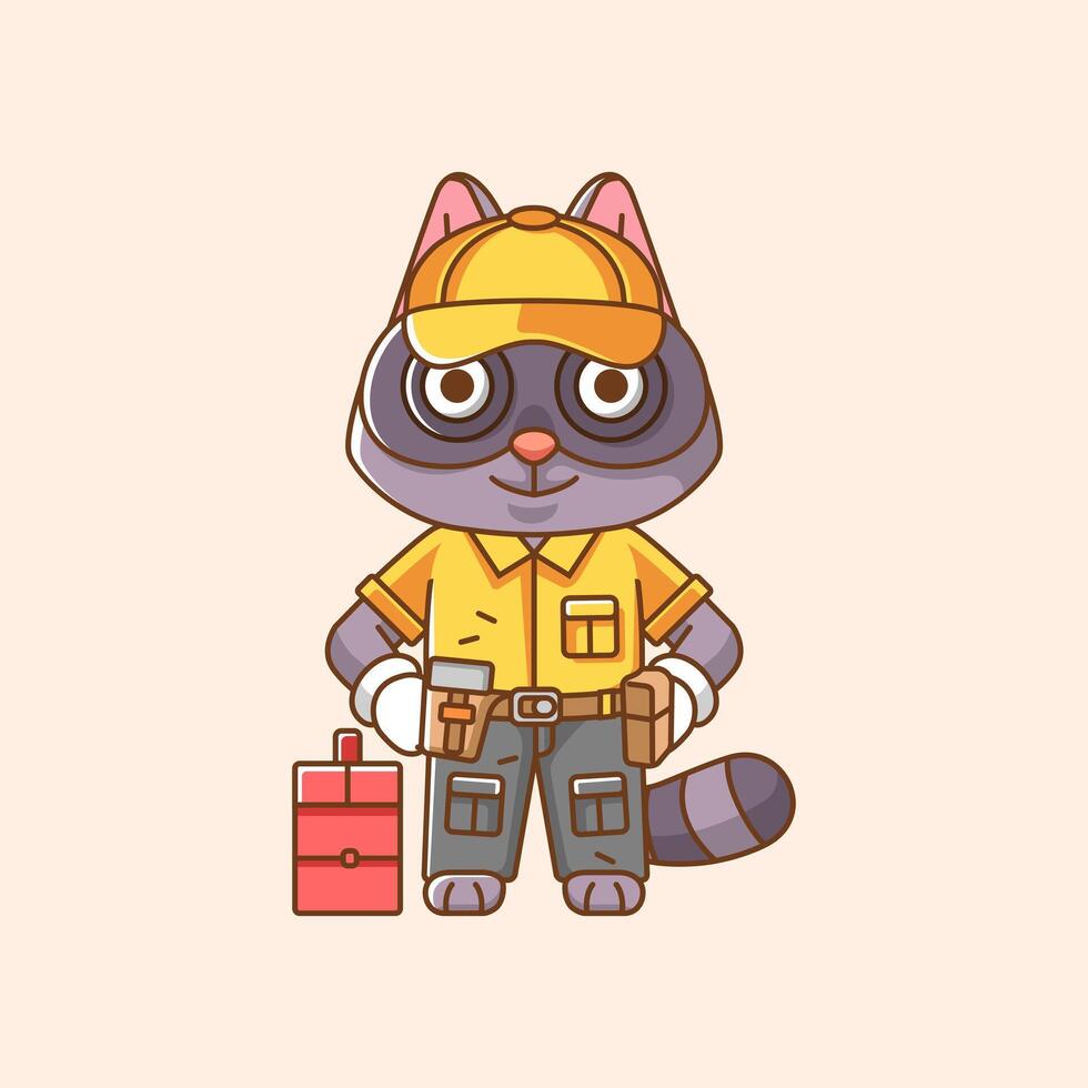 Cute raccoon mechanic with tool at workshop cartoon animal character mascot icon flat style illustration concept vector