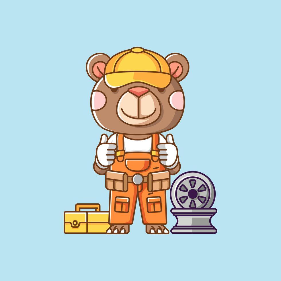 Cute bear mechanic with tool at workshop cartoon animal character mascot icon flat style illustration concept 1 vector