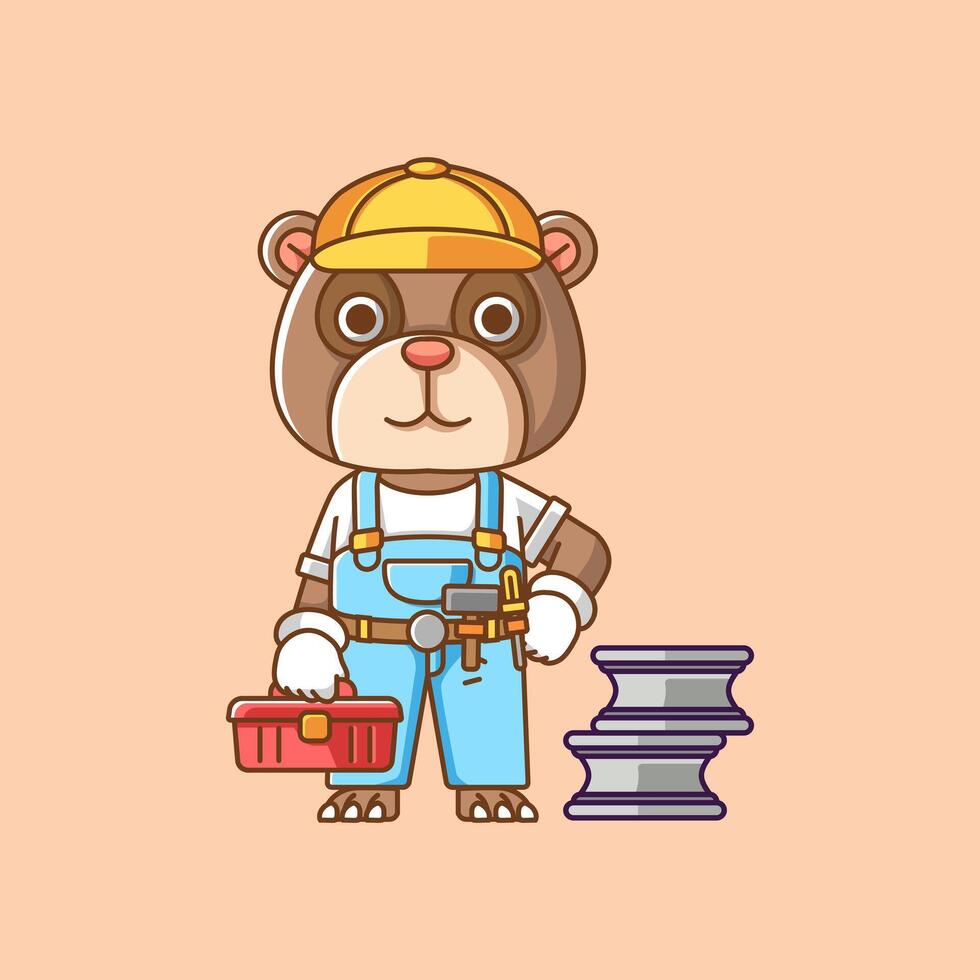 Cute bear mechanic with tool at workshop cartoon animal character mascot icon flat style illustration concept 1 vector