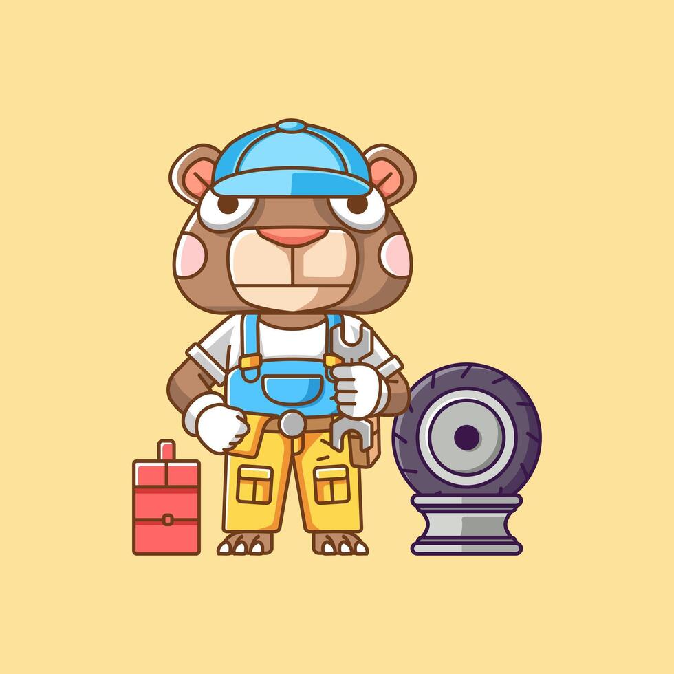 Cute bear mechanic with tool at workshop cartoon animal character mascot icon flat style illustration concept 1 vector