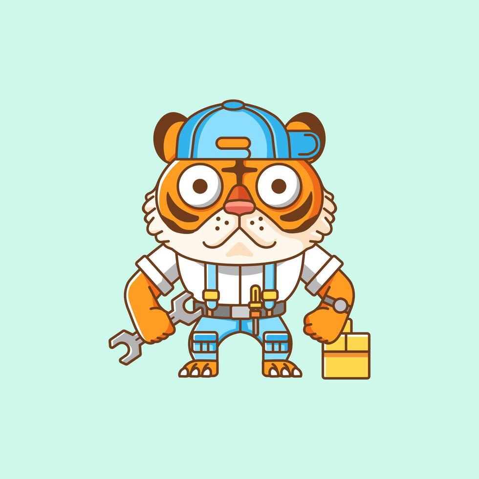 Cute tiger mechanic with tool at workshop cartoon animal character mascot icon flat style illustration concept vector