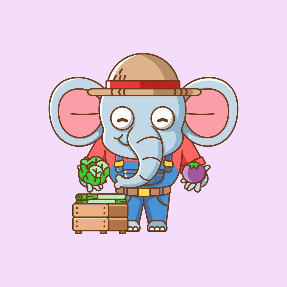 linda elefante agricultores cosecha Fruta y vegetales dibujos animados animal personaje mascota icono plano estilo ilustración concepto vector