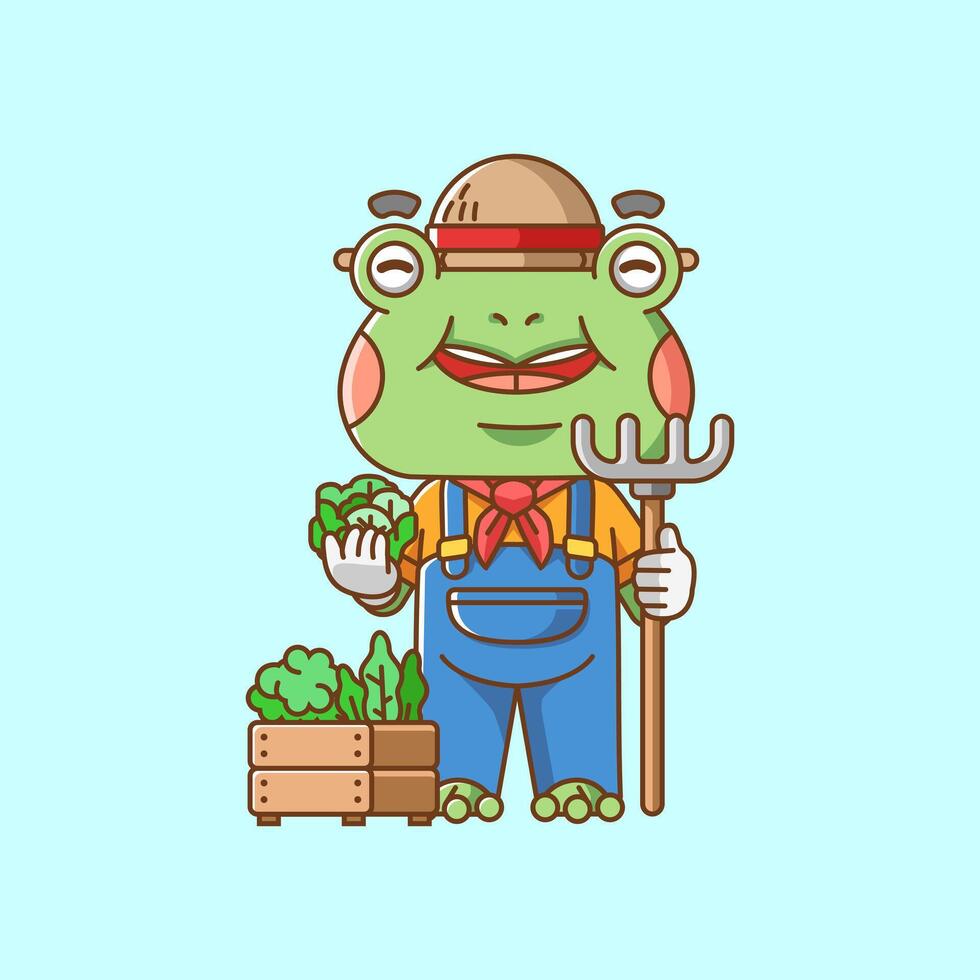 Cute Frog farmers harvest fruit and vegetables cartoon animal character mascot icon flat style illustration concept vector