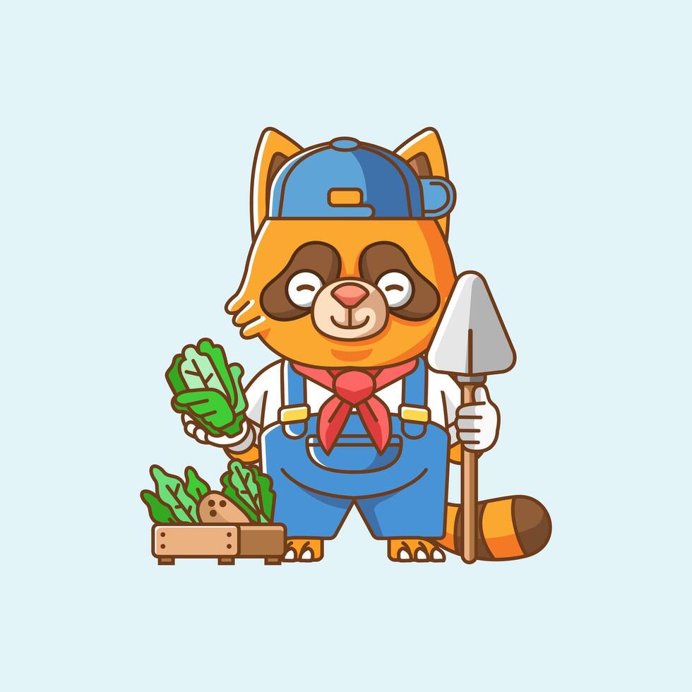 linda mapache agricultores cosecha Fruta y vegetales dibujos animados animal personaje mascota icono plano estilo ilustración concepto vector