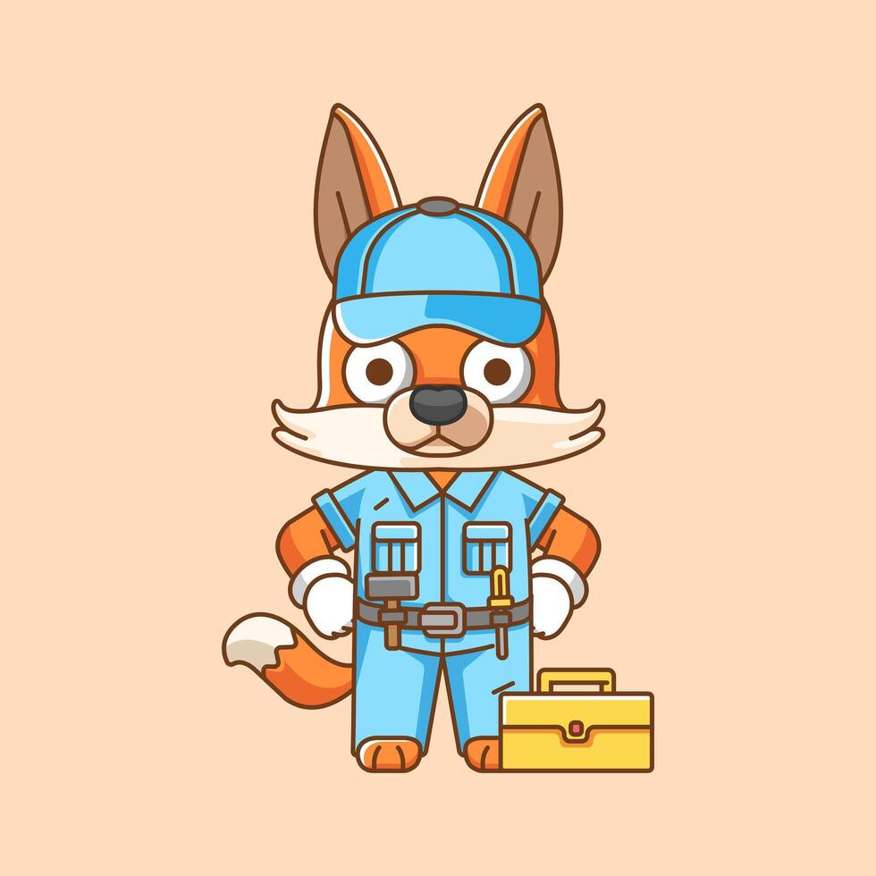 Cute fox  mechanic with tool at workshop cartoon animal character mascot icon flat style illustration concept vector