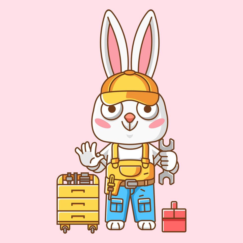 linda Conejo mecánico con herramienta a taller dibujos animados animal personaje mascota icono plano estilo ilustración concepto vector