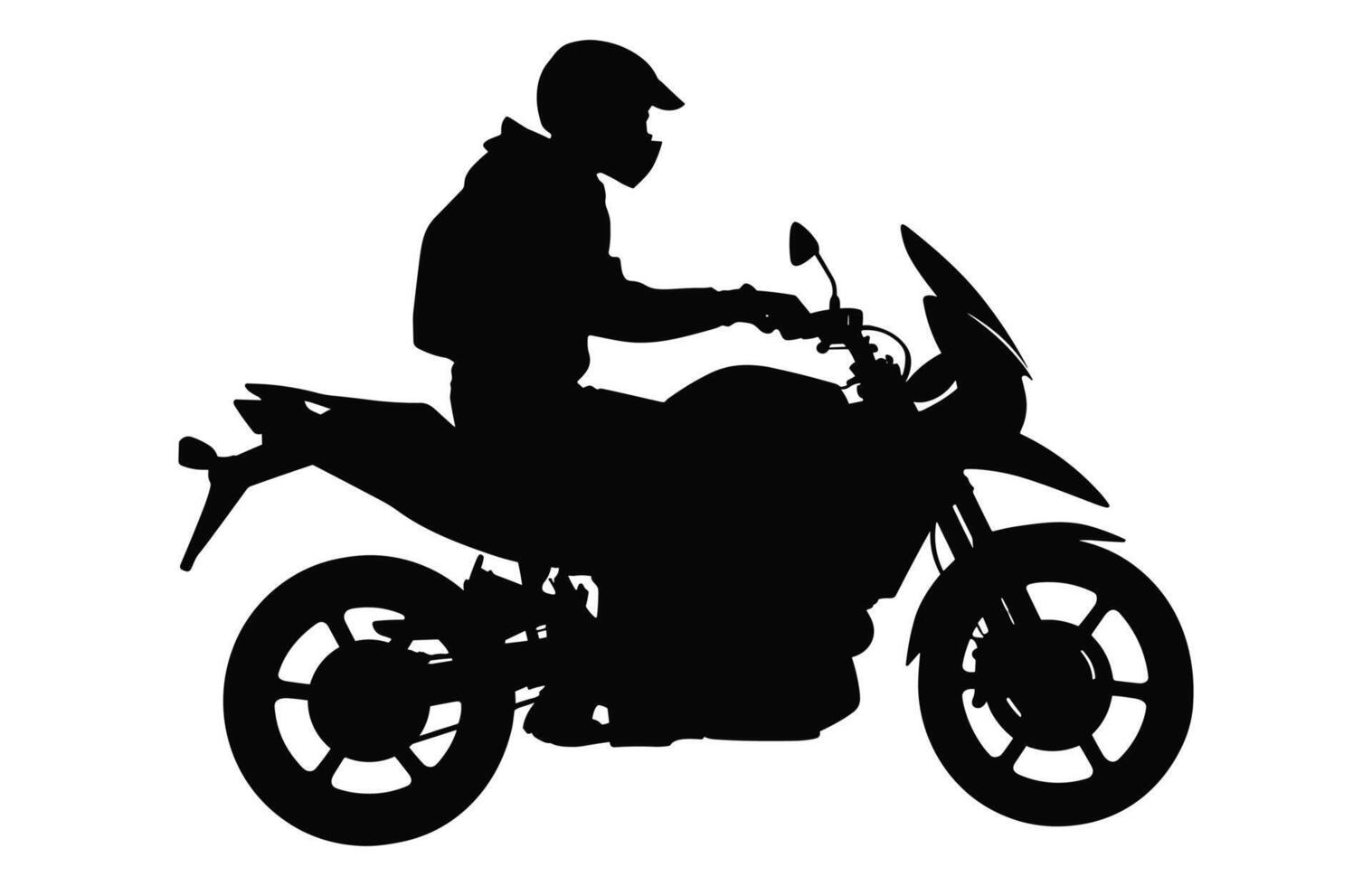 hombre montando motocicleta silueta vector negro y blanco aislado en un blanco antecedentes