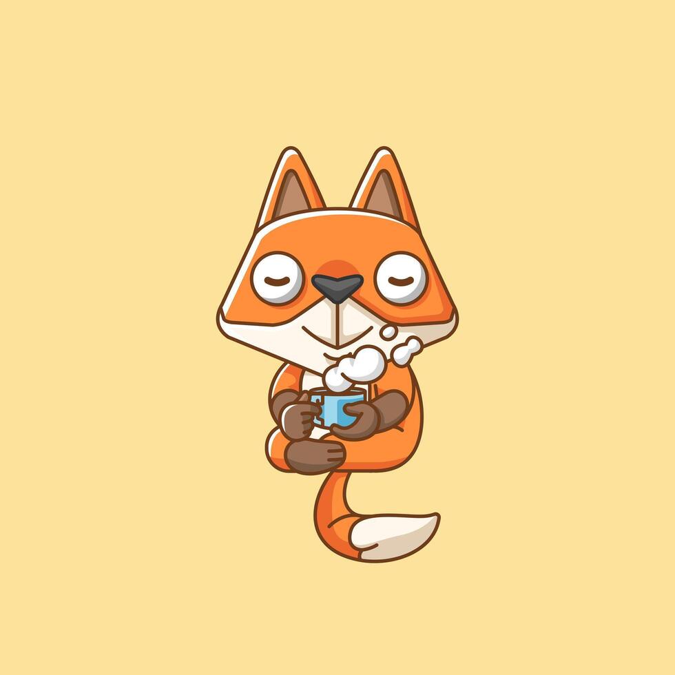 Cute fox relax with a cup of coffee cartoon animal character mascot icon flat style illustration concept vector