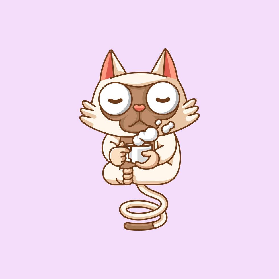 Cute cat relax with a cup of coffee cartoon animal character mascot icon flat style illustration concept vector