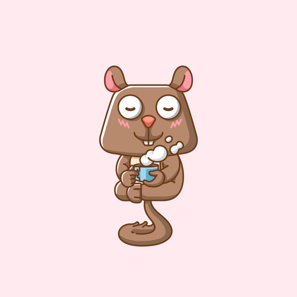 Cute squirrel relax with a cup of coffee cartoon animal character mascot icon flat style illustration concept vector