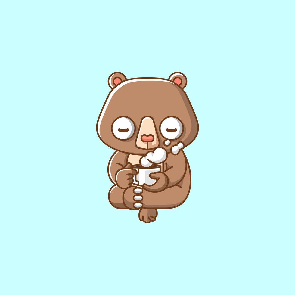 Cute bear relax with a cup of coffee cartoon animal character mascot icon flat style illustration concept vector